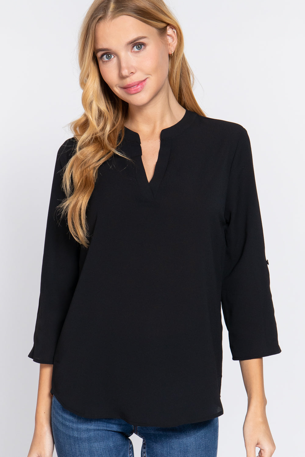 3/4 Roll Up Slv Woven Blouse Smile Sparker