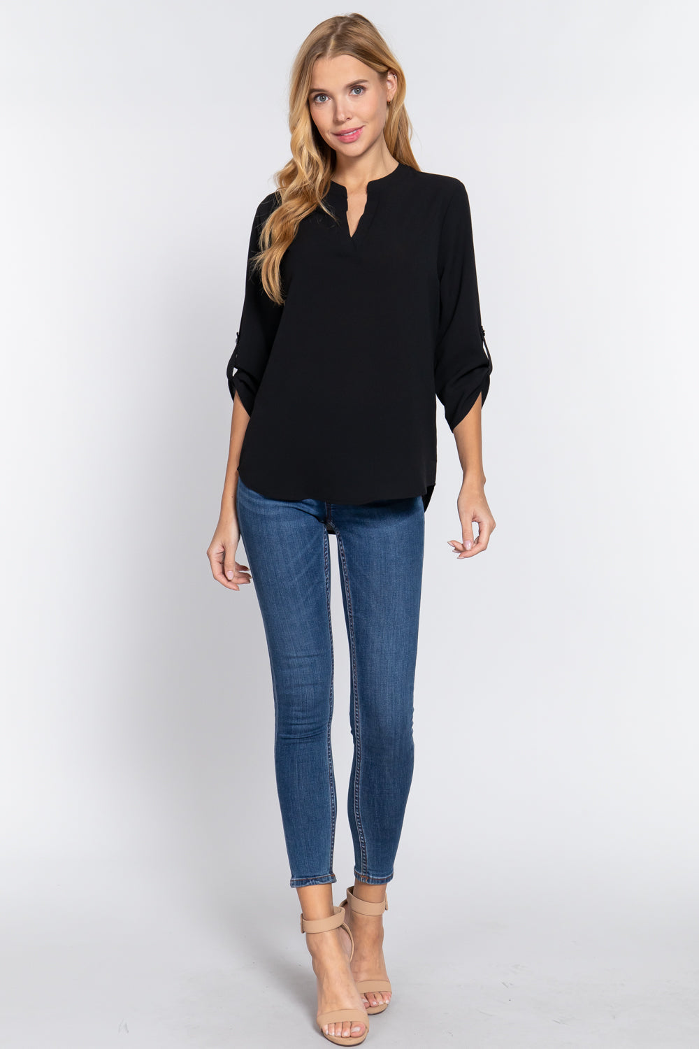 3/4 Roll Up Slv Woven Blouse Smile Sparker