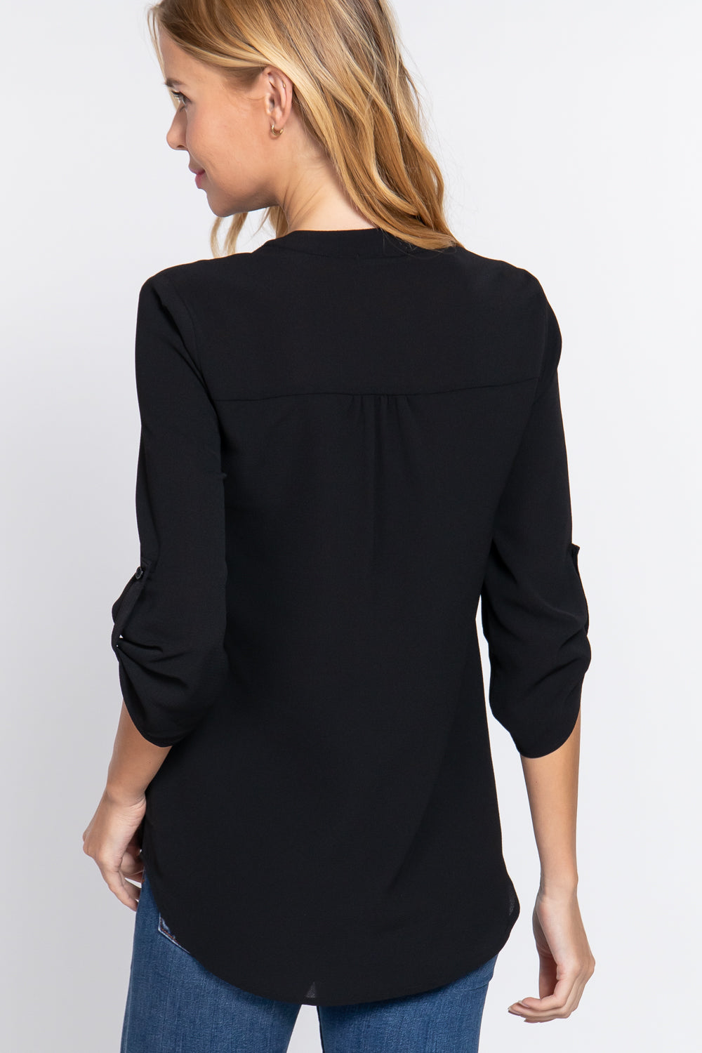 3/4 Roll Up Slv Woven Blouse Smile Sparker