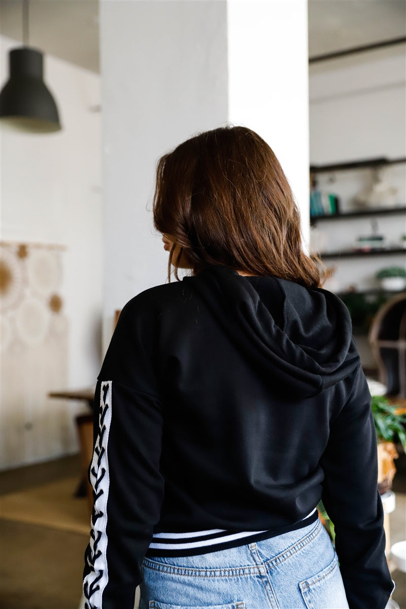 Black Contrast Lace Up Sleeve Detail Striped Cuff & Hem Hooded Sweatshirt Smile Sparker