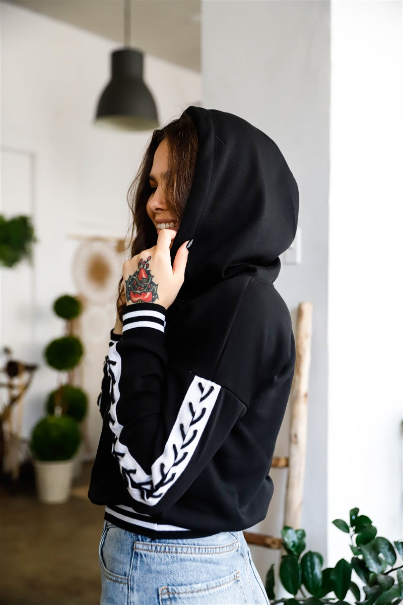 Black Contrast Lace Up Sleeve Detail Striped Cuff & Hem Hooded Sweatshirt Smile Sparker