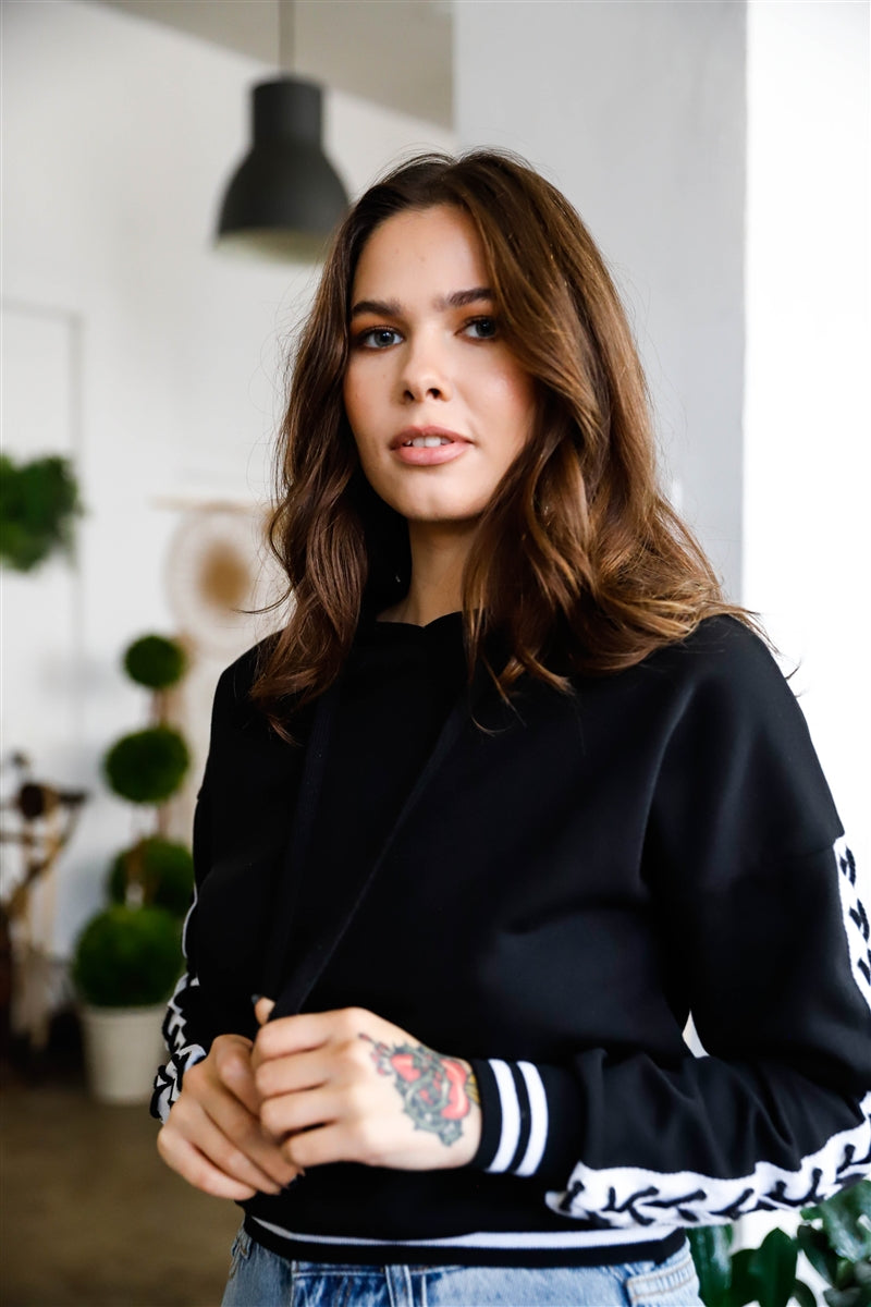 Black Contrast Lace Up Sleeve Detail Striped Cuff & Hem Hooded Sweatshirt Smile Sparker
