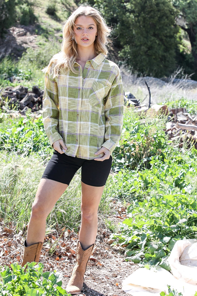 Cotton & Linen Blend Textured Plaid Shirt Top Smile Sparker