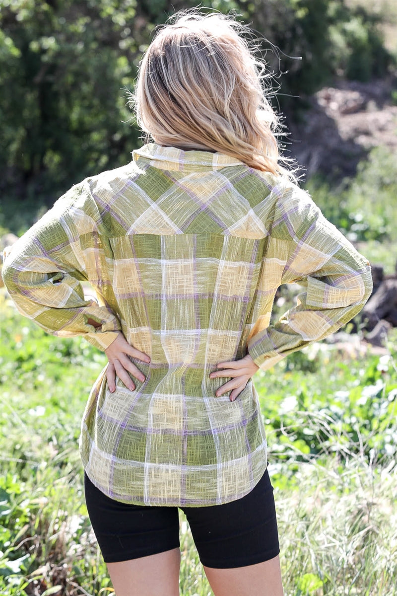 Cotton & Linen Blend Textured Plaid Shirt Top Smile Sparker