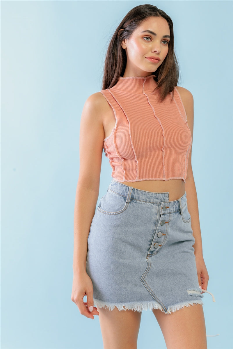 Dark Peach Ribbed Inside-out Sleeveless Mock Neck Crop Top Smile Sparker