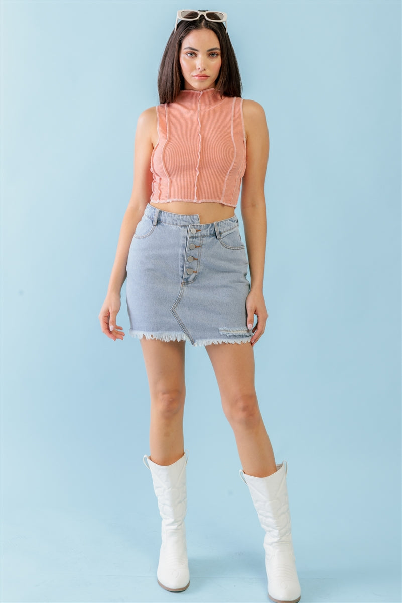 Dark Peach Ribbed Inside-out Sleeveless Mock Neck Crop Top Smile Sparker