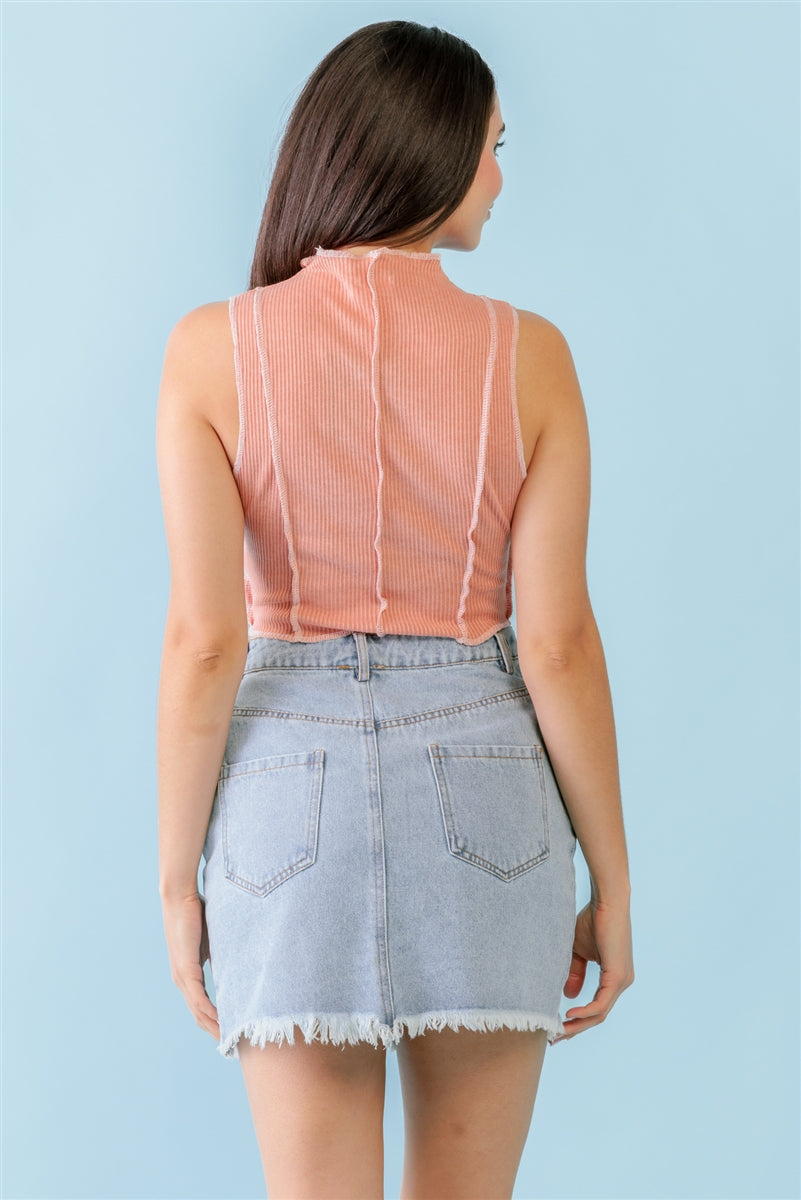 Dark Peach Ribbed Inside-out Sleeveless Mock Neck Crop Top Smile Sparker