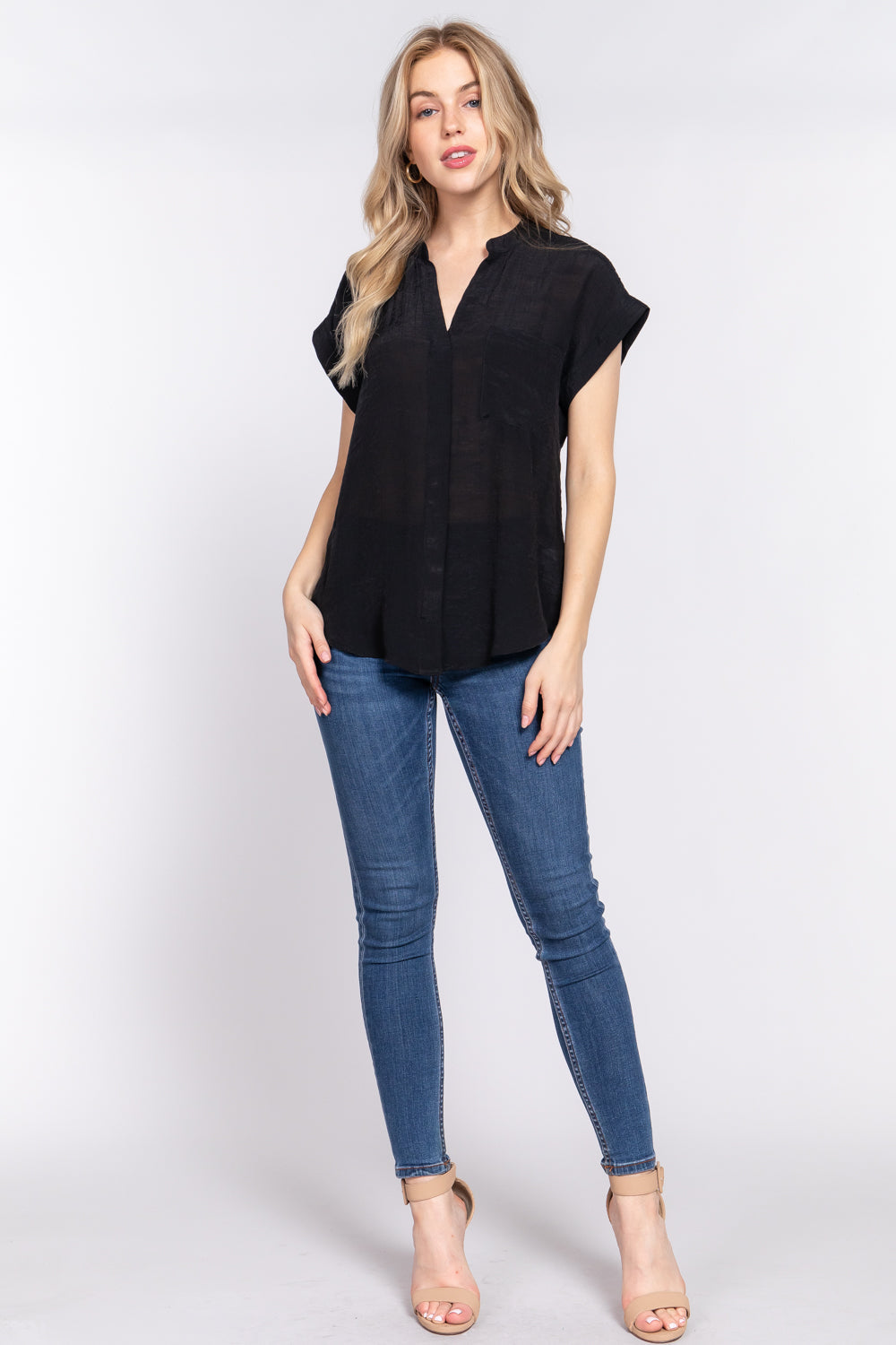 Dolman Slv Button Down Woven Top Smile Sparker