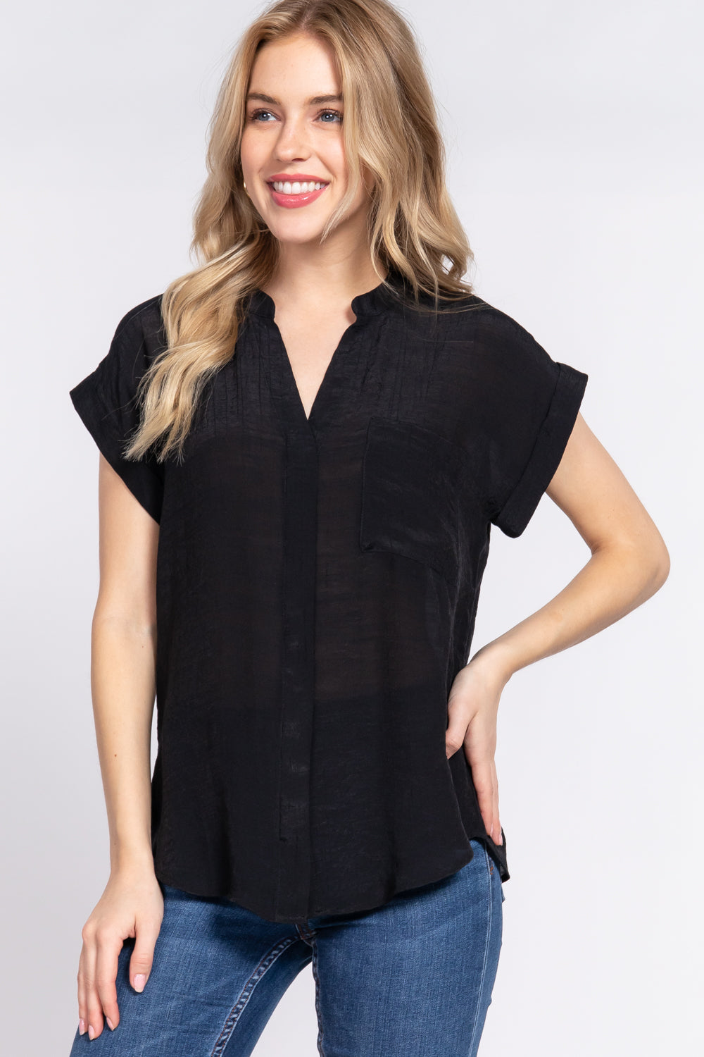 Dolman Slv Button Down Woven Top Smile Sparker