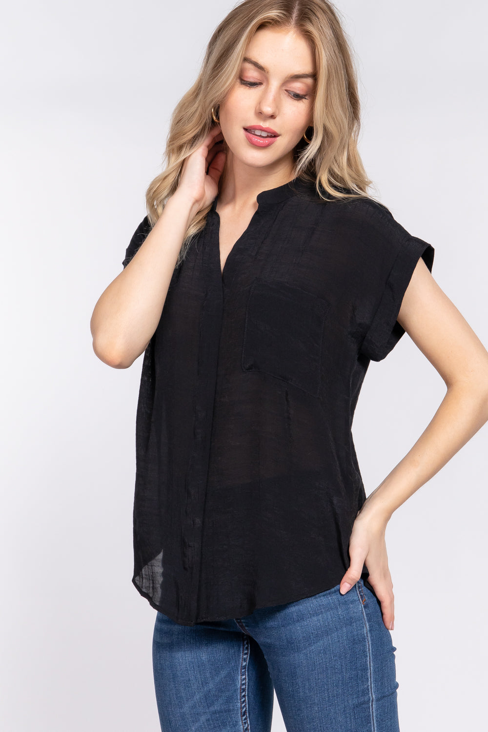 Dolman Slv Button Down Woven Top Smile Sparker