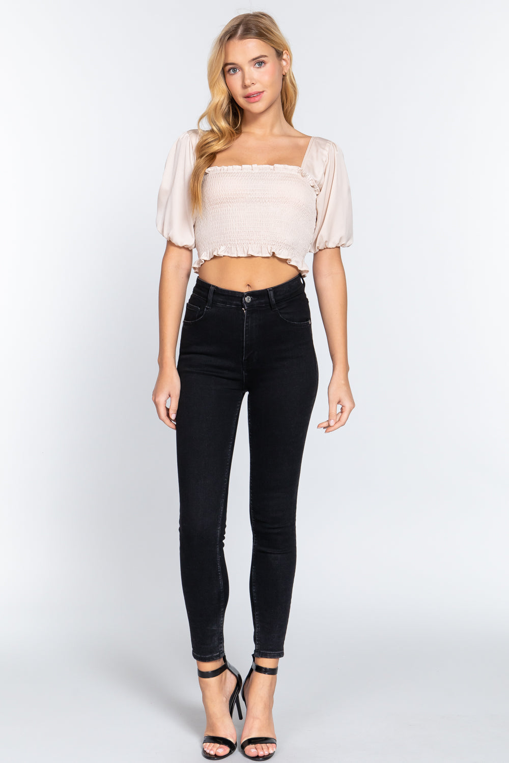 Elbow Sleeve Straight Neck Smocking W/ruffle Detail Woven Top Smile Sparker