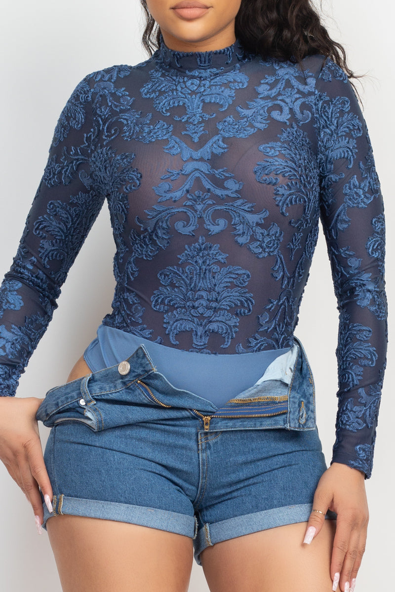 Embroidered Mock Neck Keyhole Bodysuit Smile Sparker
