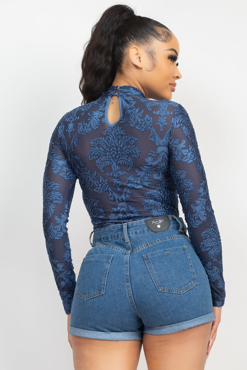 Embroidered Mock Neck Keyhole Bodysuit Smile Sparker