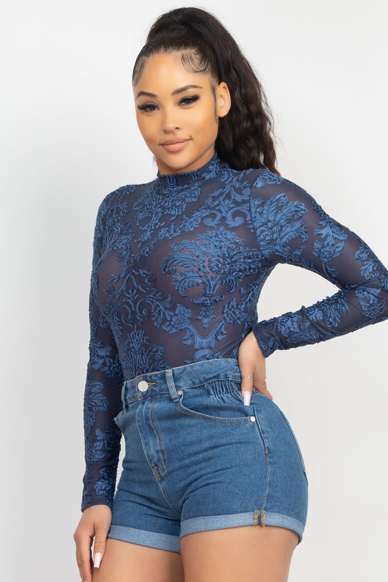 Embroidered Mock Neck Keyhole Bodysuit Smile Sparker