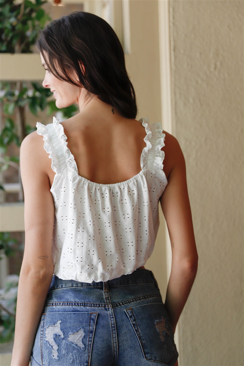 Embroidered Ruffle Trim Strap Sleeveless Crop Top Smile Sparker