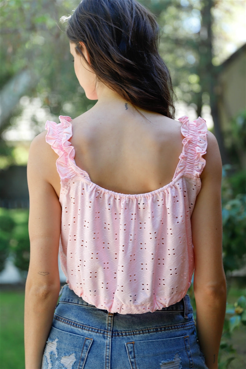 Embroidered Ruffle Trim Strap Sleeveless Crop Top Smile Sparker