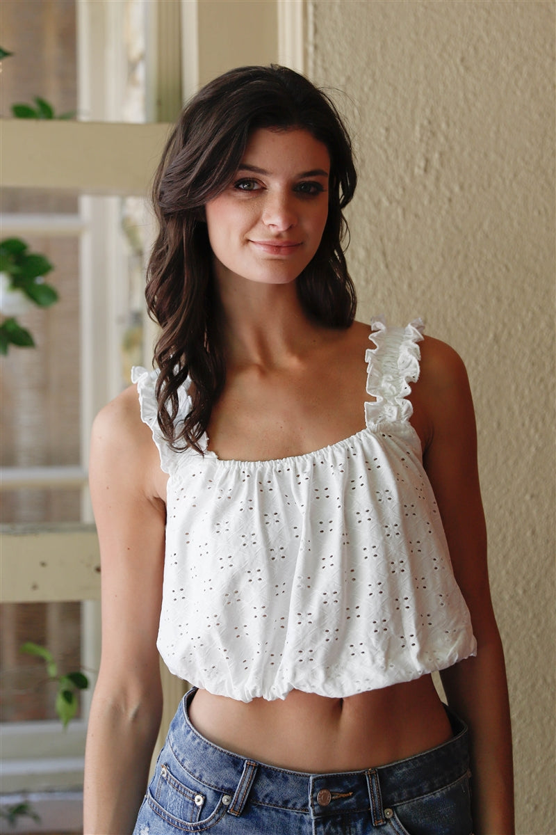 Embroidered Ruffle Trim Strap Sleeveless Crop Top Smile Sparker
