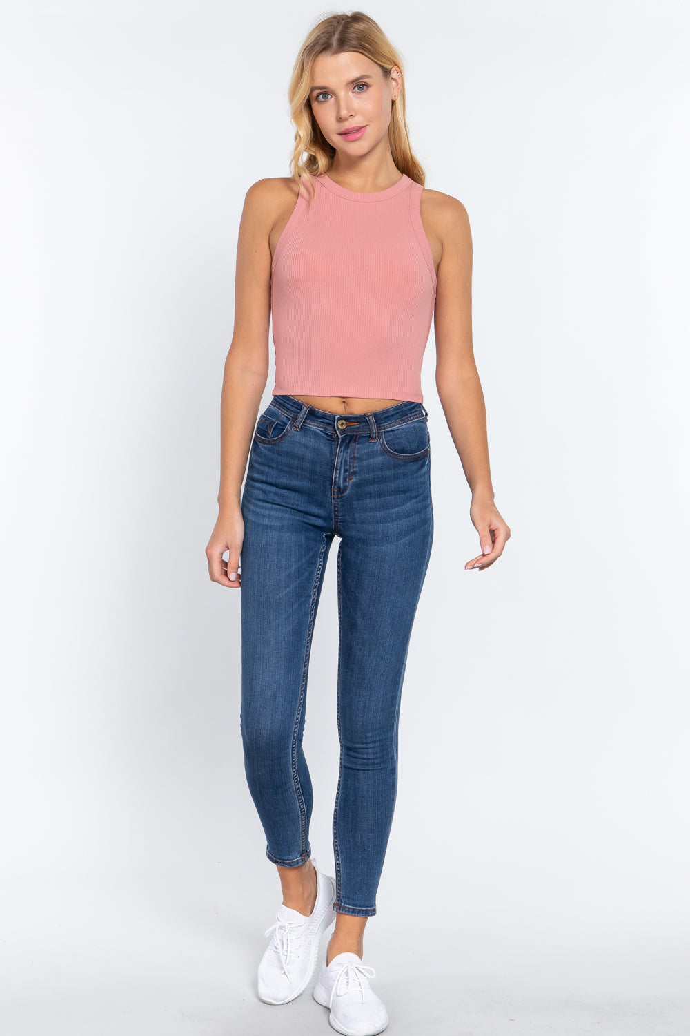 Halter Neck Rib Crop Tank Top Smile Sparker