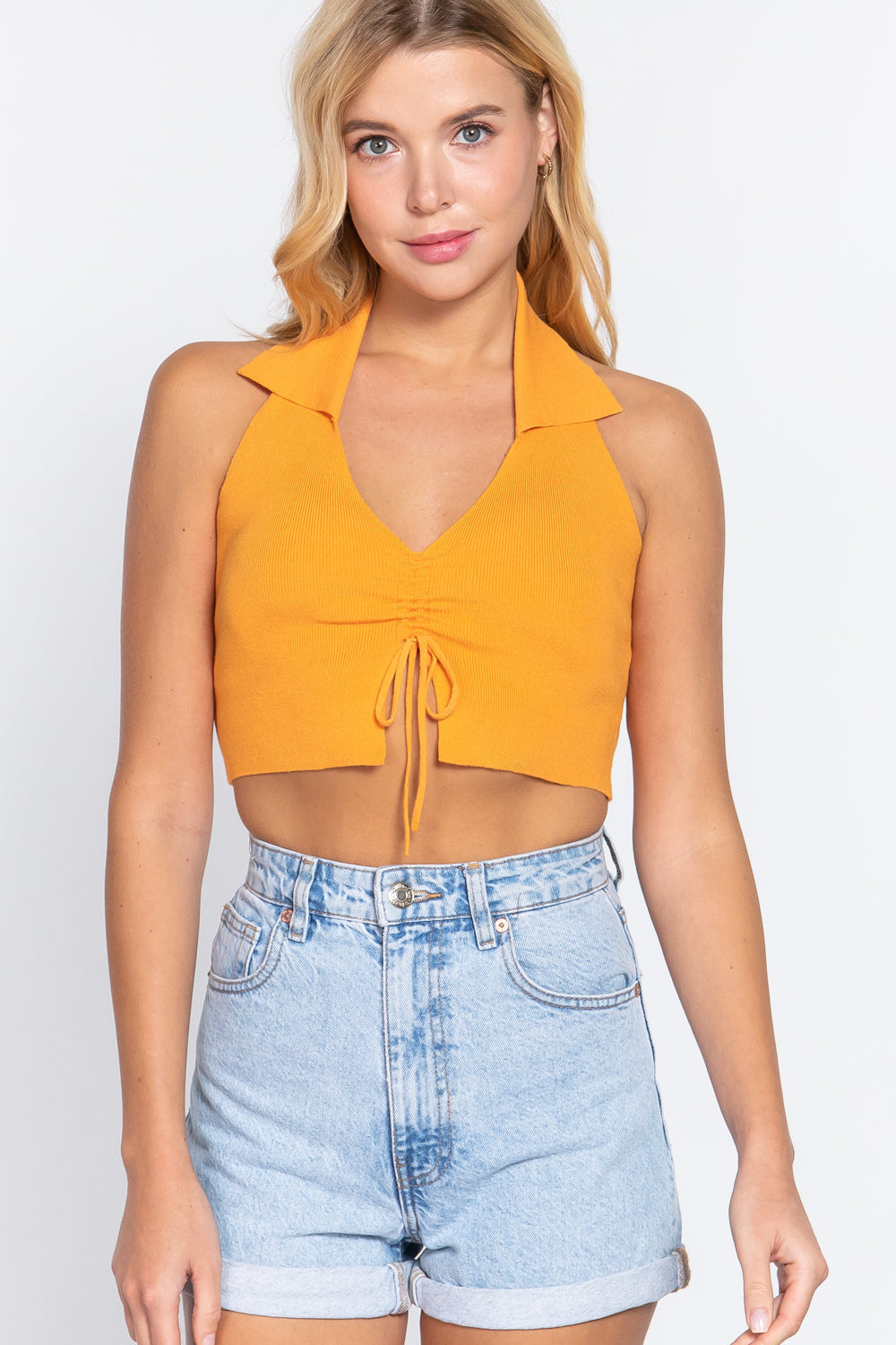 Halter Ruched Crop Sweater Knit Top Smile Sparker