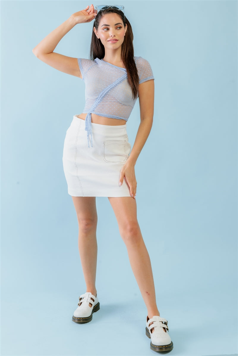 Light Blue Polka Dot Print Sheer Mesh Ruched Front Detail Crop Top Smile Sparker