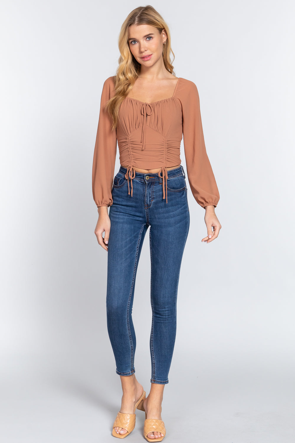 Long Sleeve Front Tied Ruched Detail Woven Top Smile Sparker