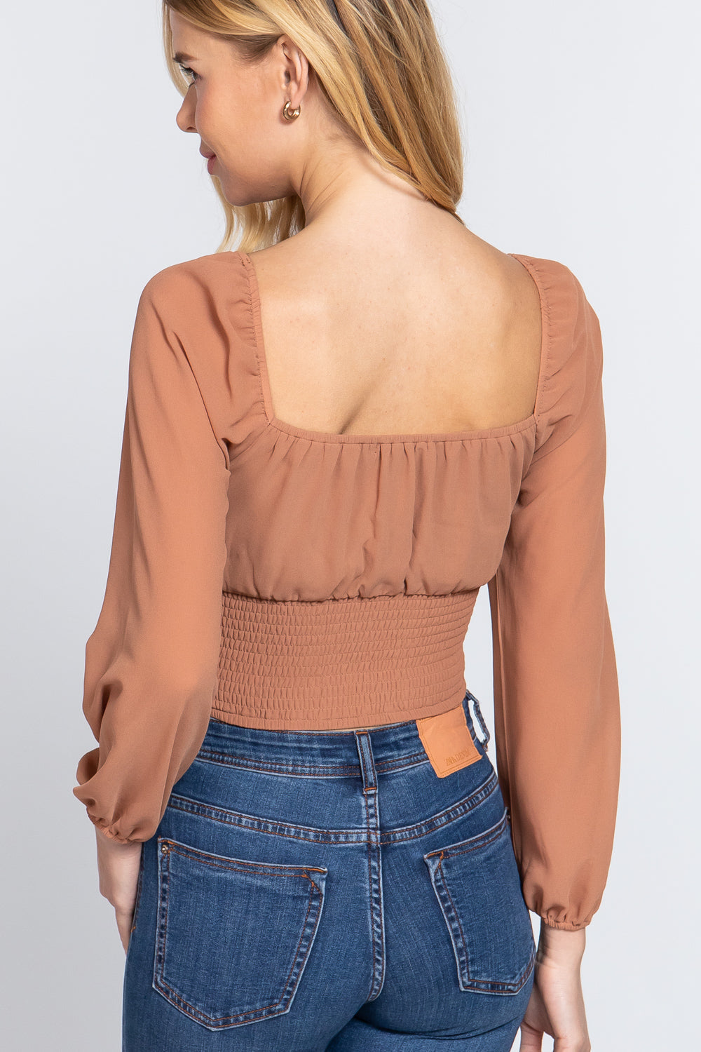 Long Sleeve Front Tied Ruched Detail Woven Top Smile Sparker
