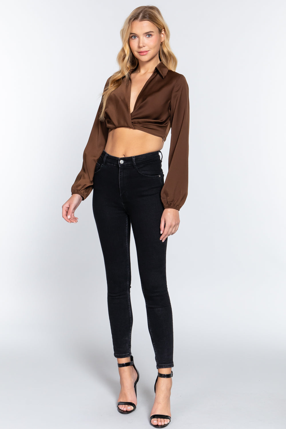 Long Sleeve Notched Collar Front Twisted Detail Crop Woven Top Smile Sparker