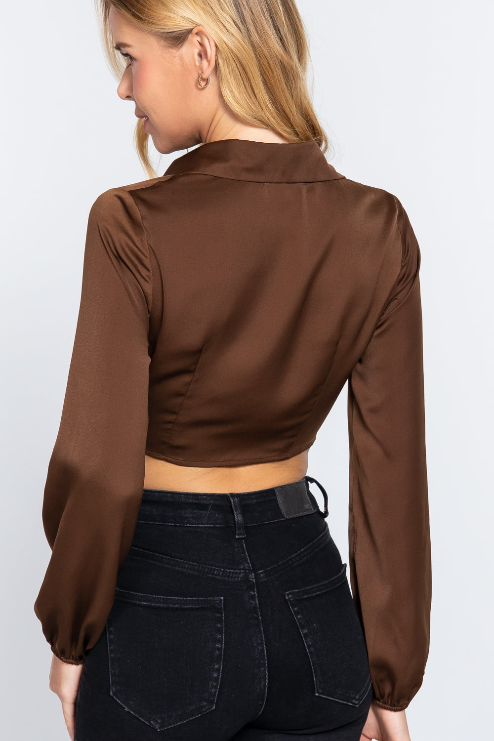 Long Sleeve Notched Collar Front Twisted Detail Crop Woven Top Smile Sparker