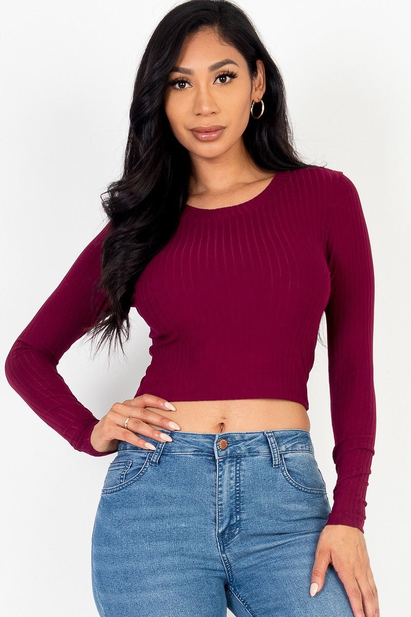 Long Sleeve Round Neck Basic Crop Top Smile Sparker