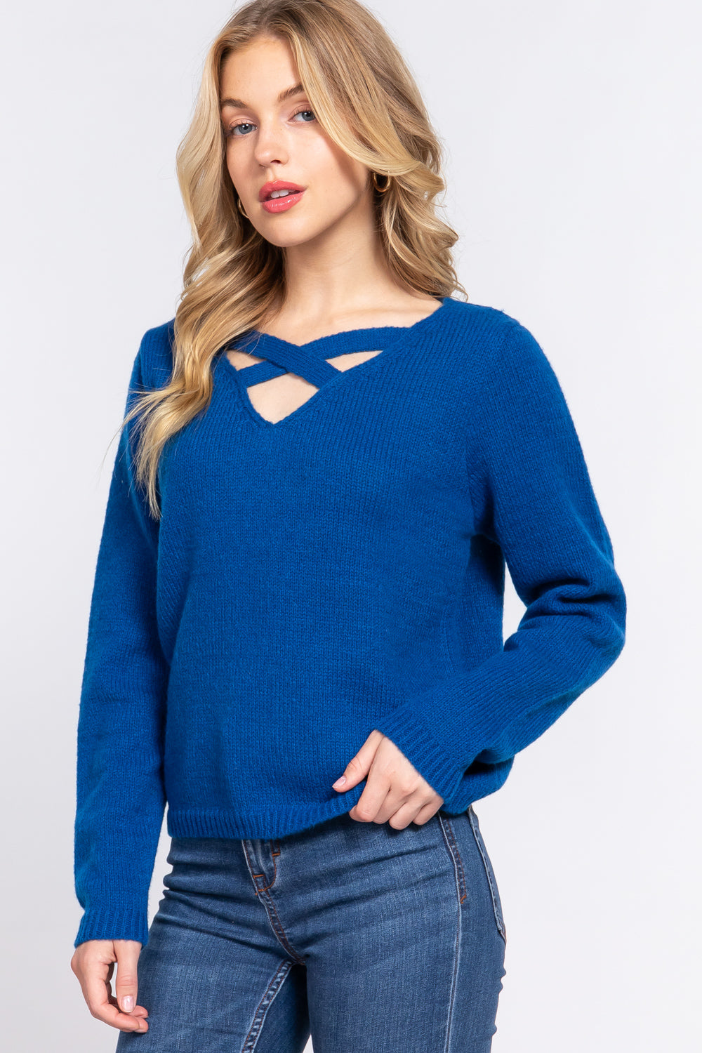 Long Slv X Strap V-neck Sweater Smile Sparker