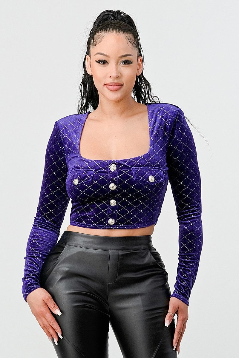 Lux Diamon Velvet Buttons Open Back Square Neck Long Sleeves Cropped Top Smile Sparker