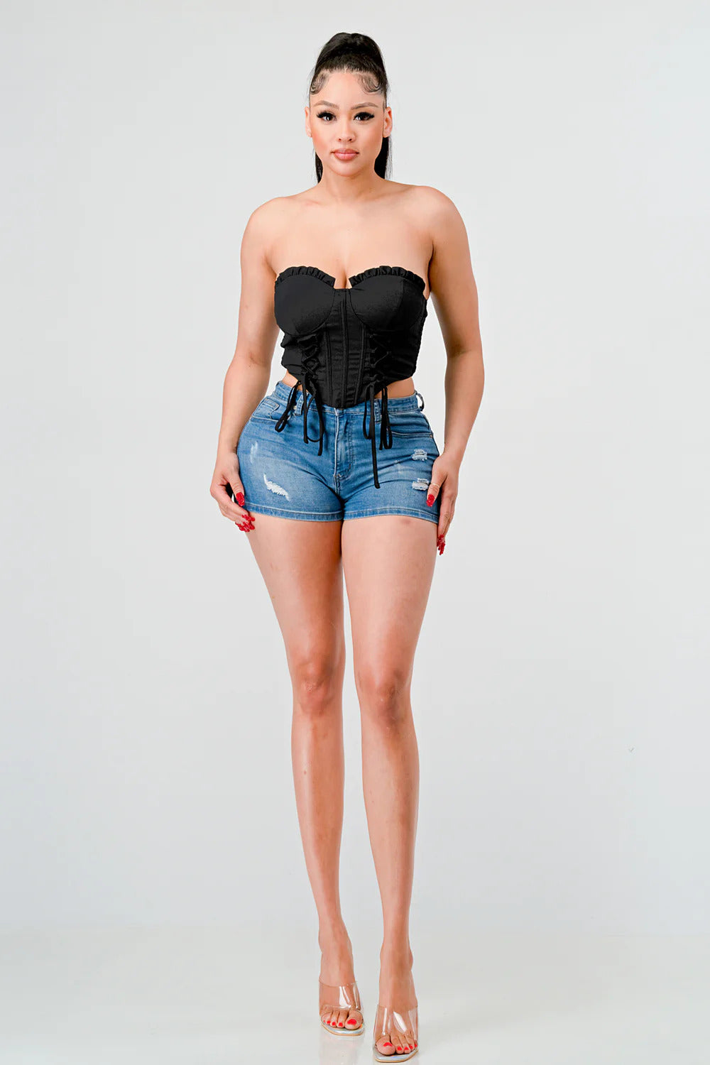Luxe sweetheart ruffled drawstring lace bustier top Smile Sparker