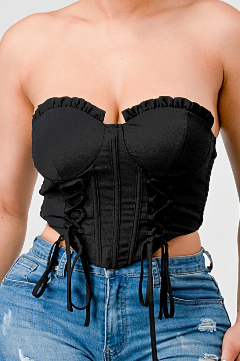 Luxe sweetheart ruffled drawstring lace bustier top Smile Sparker