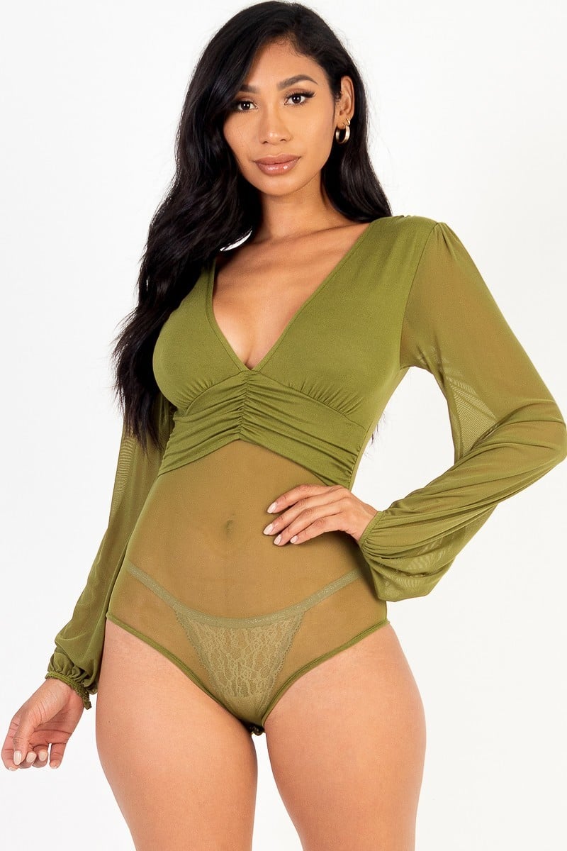 Mesh long sleeve deep v-neck bodysuit Smile Sparker