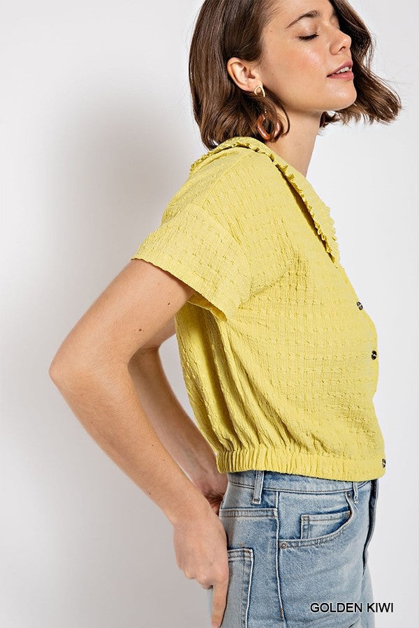 Peter pan collar textured knit button down top Smile Sparker