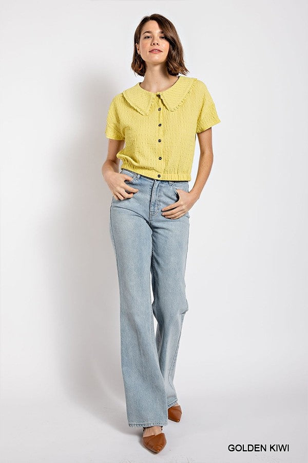 Peter pan collar textured knit button down top Smile Sparker