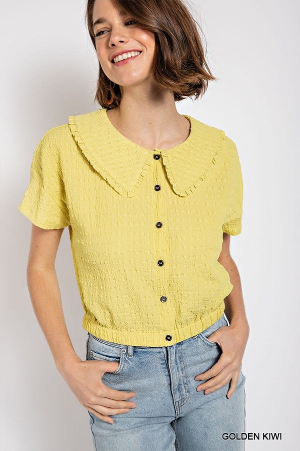 Peter pan collar textured knit button down top Smile Sparker