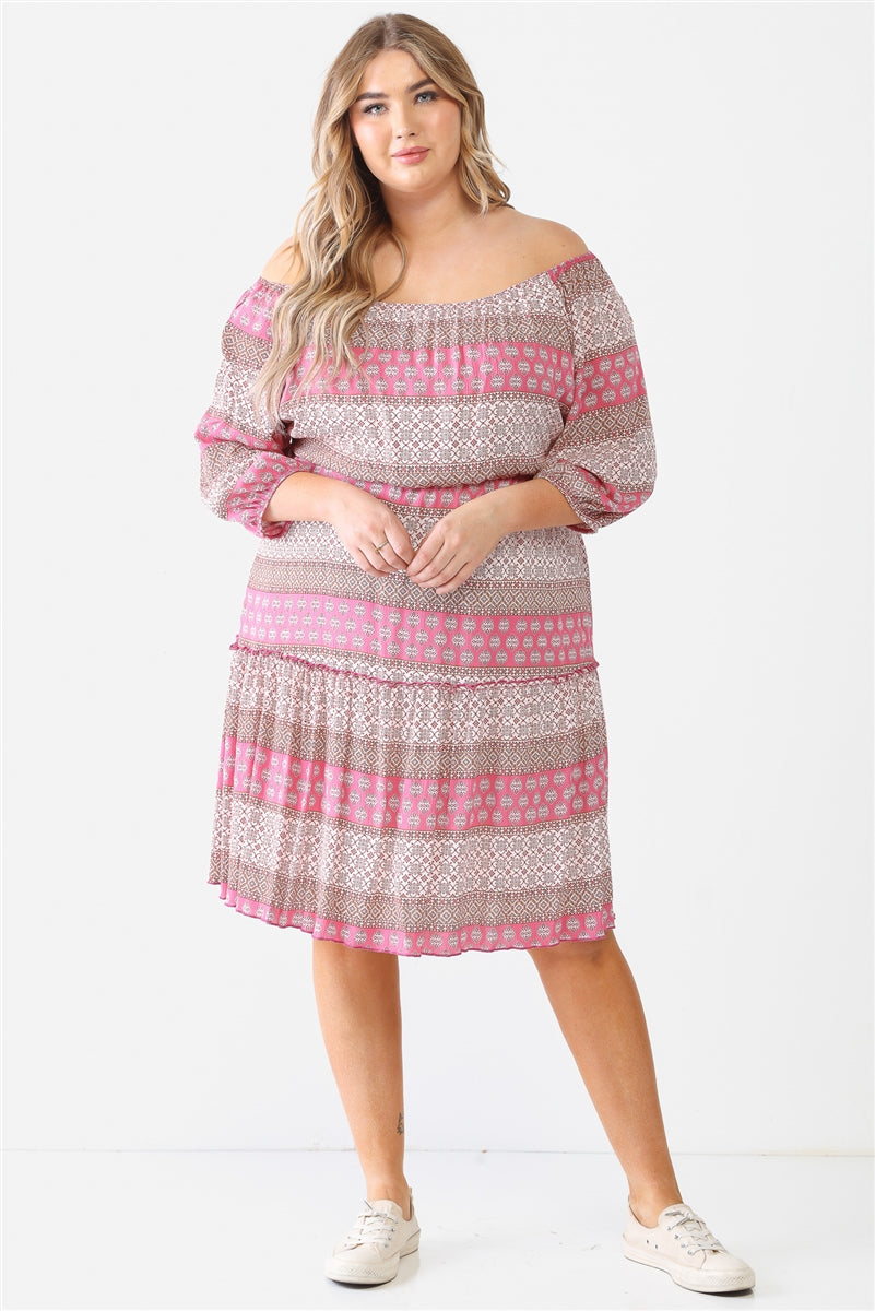 Plus Combo Printed Textured Ruffle Flare Hem Mini Dress Smile Sparker