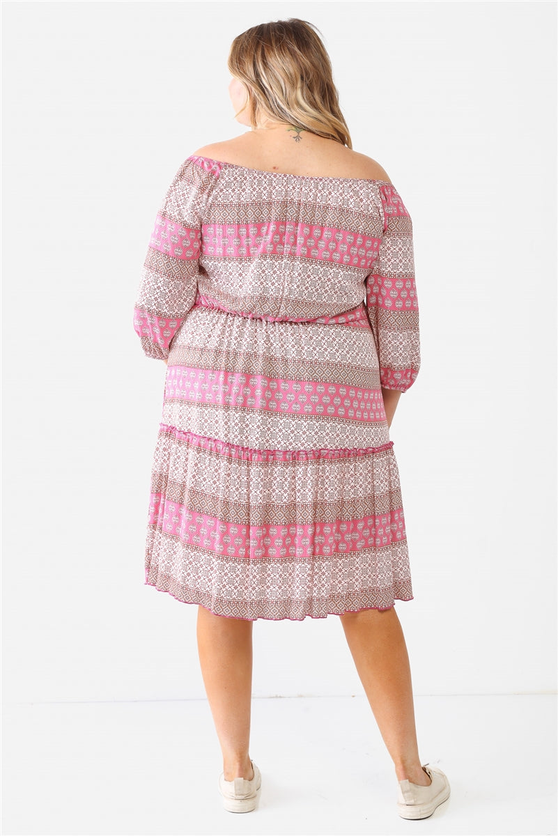 Plus Combo Printed Textured Ruffle Flare Hem Mini Dress Smile Sparker