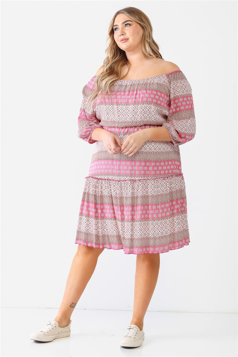 Plus Combo Printed Textured Ruffle Flare Hem Mini Dress Smile Sparker