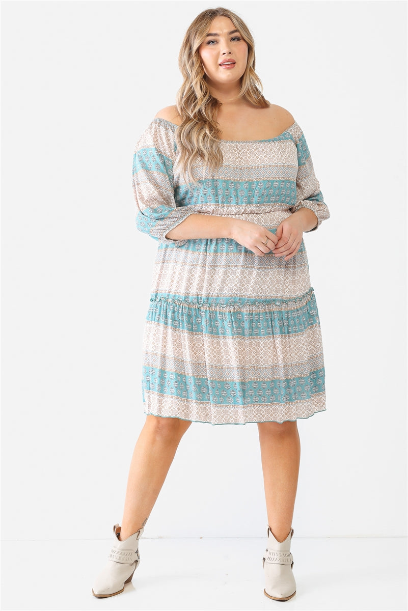 Plus Combo Printed Textured Ruffle Flare Hem Mini Dress Smile Sparker