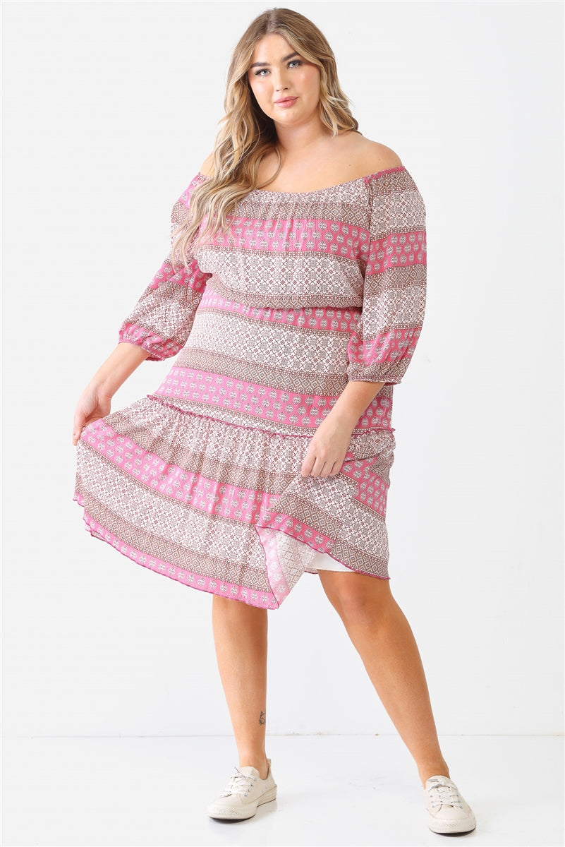 Plus Combo Printed Textured Ruffle Flare Hem Mini Dress Smile Sparker