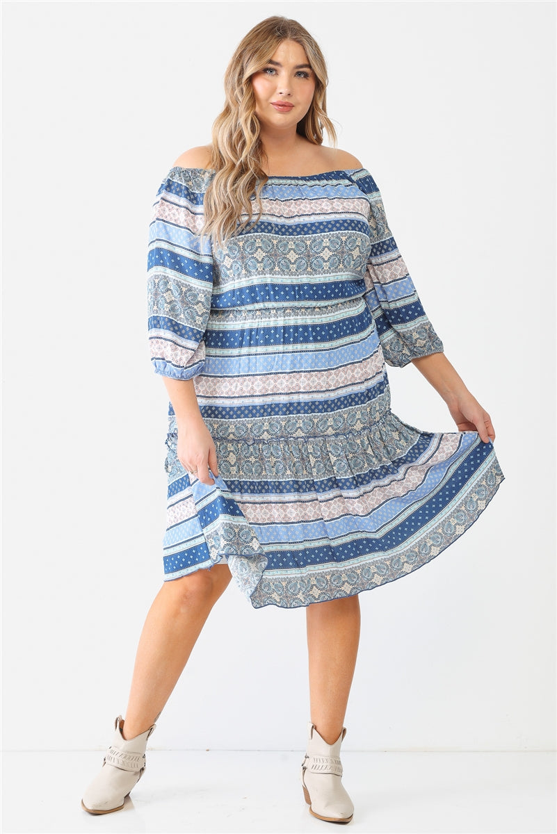 Plus Combo Printed Textured Ruffle Flare Hem Mini Dress Smile Sparker