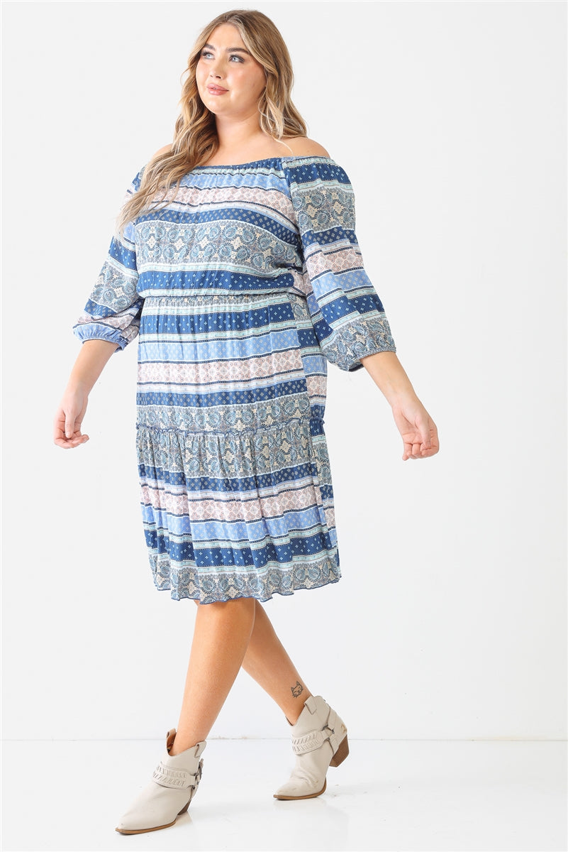 Plus Combo Printed Textured Ruffle Flare Hem Mini Dress Smile Sparker