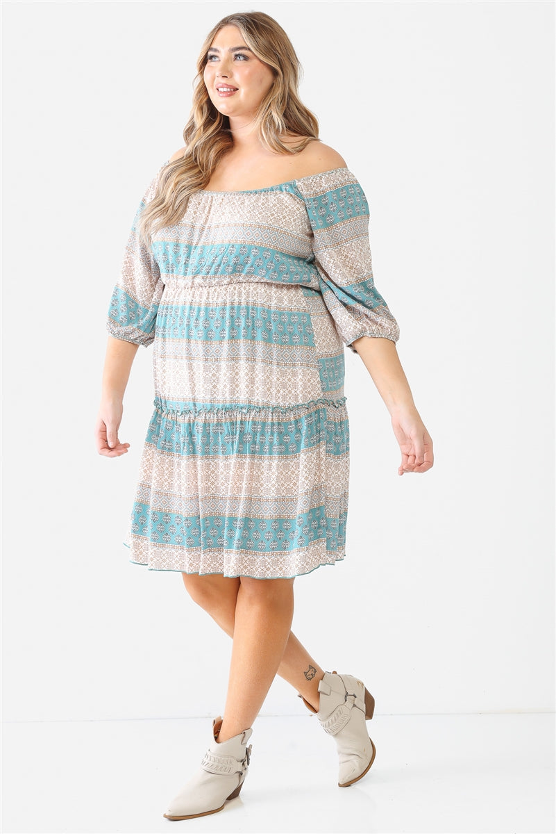 Plus Combo Printed Textured Ruffle Flare Hem Mini Dress Smile Sparker