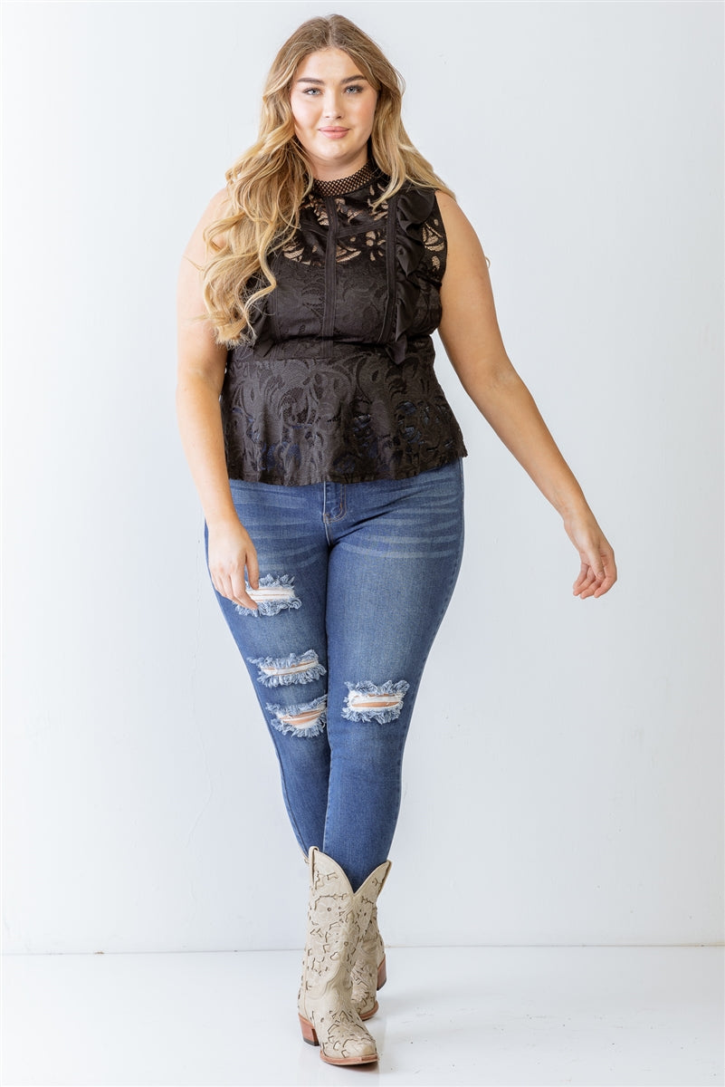 Plus Lace Mesh Ruffle Detail Sleeveless Flare Hem Top Smile Sparker