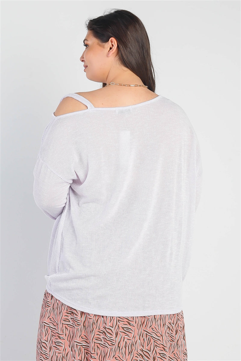 Plus Lavender Ribbed Cold Shoulder Hem Draped Detail Top Smile Sparker