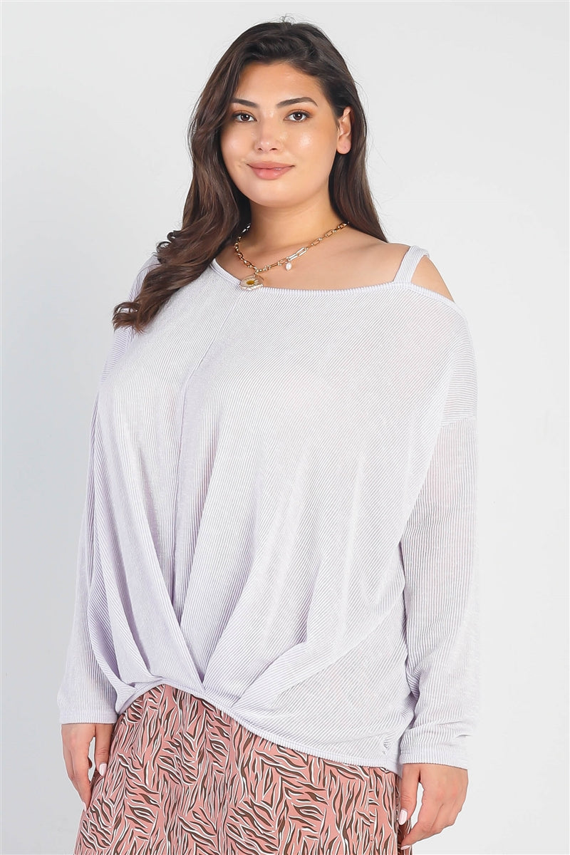 Plus Lavender Ribbed Cold Shoulder Hem Draped Detail Top Smile Sparker