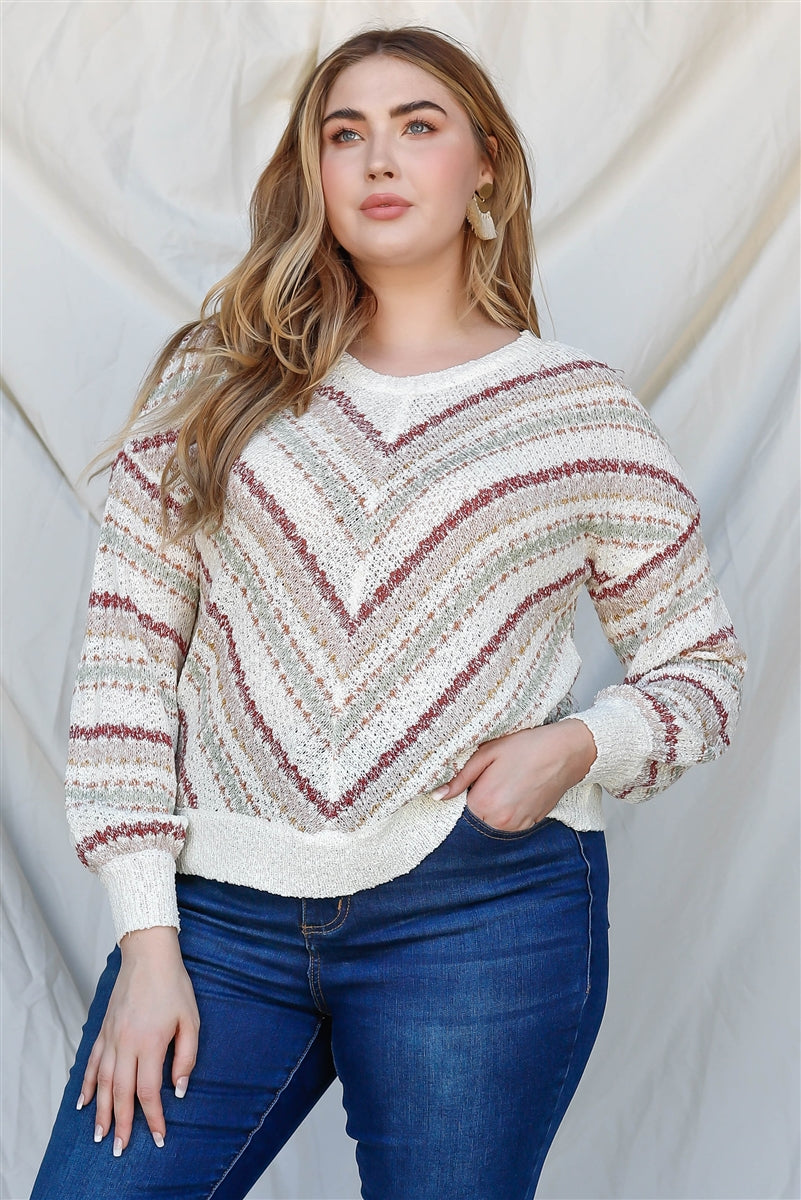 Plus Stripe Knit Cotton Blend Long Sleeve Top Smile Sparker