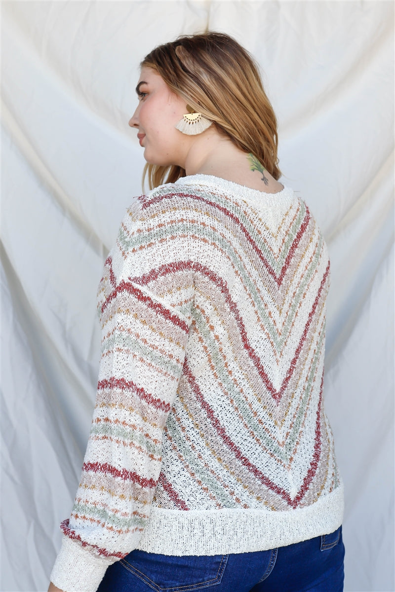 Plus Stripe Knit Cotton Blend Long Sleeve Top Smile Sparker